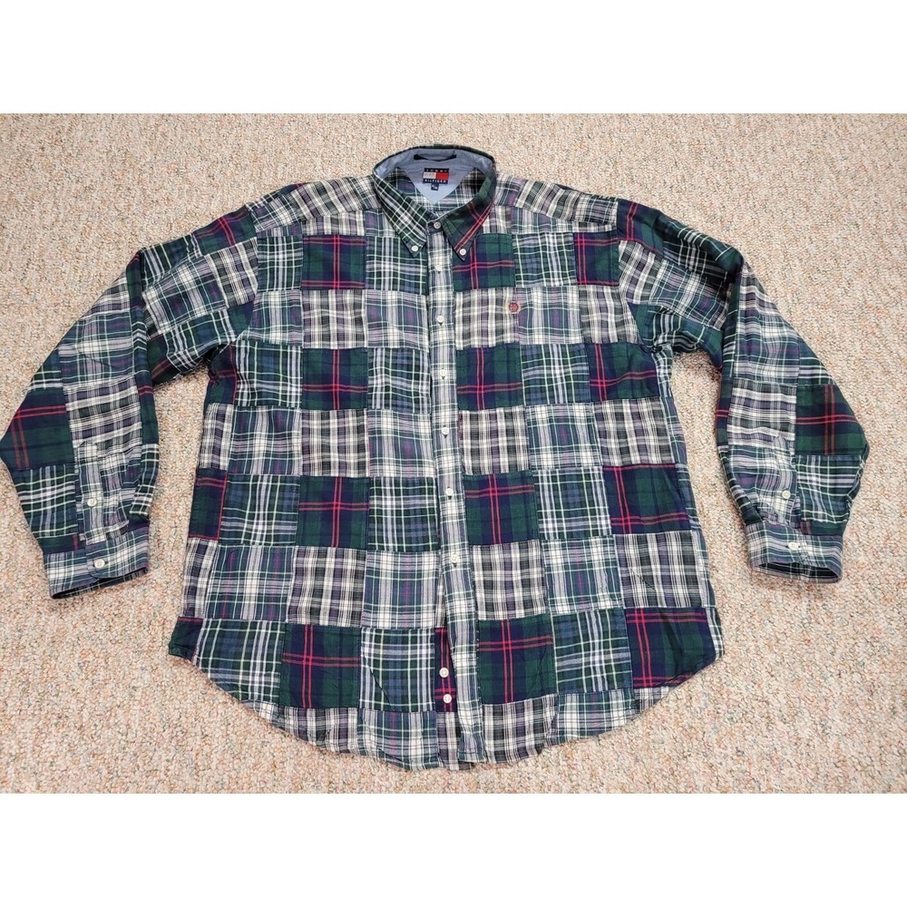 Tommy Hilfiger Shirt Mens 2XL Green Navy Patchwork Plaid Vintage Button Up XXL